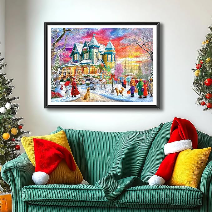 1000 Piece Christmas Puzzle for Adults, Sunset Villa and Dog Winter Landscape Jigsaw Puzzle Challenging Game Holiday Party Family Fun Decor, 27.5 x 19.7 inch