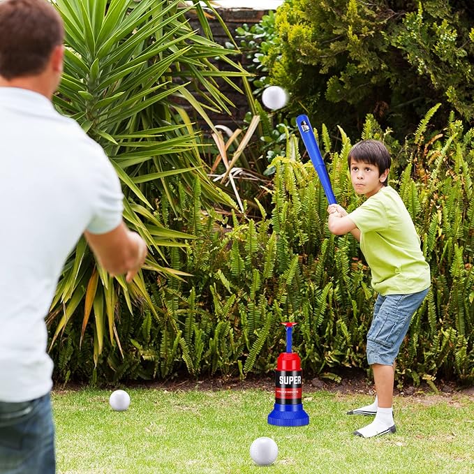 HyDren Baseball Pitching Set Includes Automatic Operation Pitching Machine Adjustable Collapsible Plastic Bat and 6 Balls Outdoor Indoor Sport Toy Games Christmas Kids Toddlers Gift