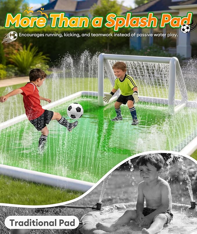 EPN Splash Pad for Kids & Dogs, 118 x138 Extra Large Thicker & Non-Slip Sprinkler Pad, Outdoor Water Toy with Soccer Goal & Ball, Backyard Play Mat Splash Pool for Lawn Garden Summer Fun Age 4-12