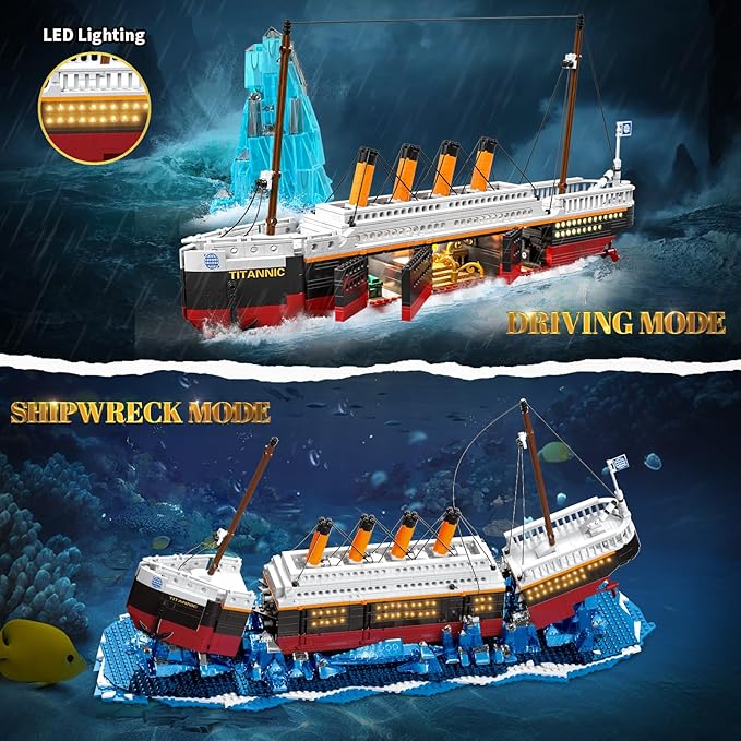 2 in 1 Titanic Building Set, Titanic Big Ship Model Building Kit with Lights Bricks and Glacier, Compatible with Lego for Adults Men, 1928 Pieces STEM Construction Toy for Teens 14+