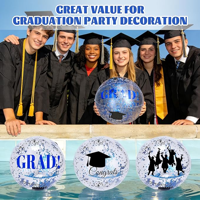 Forwe Graduation Inflatable Beach Balls, 16 Inc Confetti Glitter Beach Pool Ball Blow up Balloon Toys for Class of 2026 Swimming Pool Graduation Party Decorations