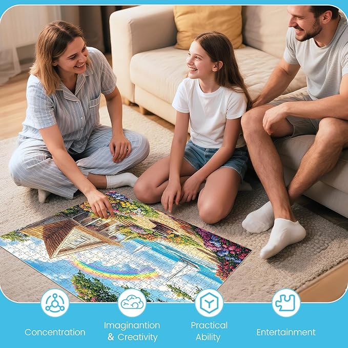 500 Piece Puzzles for Adults, Cozy Beach Cottage 500 Piece Puzzle, Vibrant Rainbow Sky Jigsaw Puzzle, Perfect for Family Game Night, Home Wall Decor, Ideal Gift for Adults, Kids, Seniors, 20.5 x 15 in