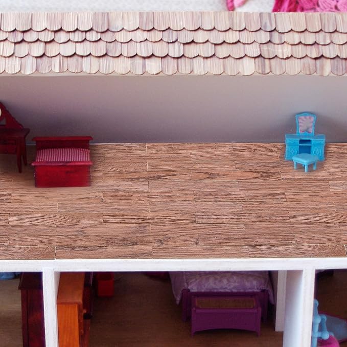 Toyvian 40 Pcs Miniature Dollhouse Flooring: Self Adhesive Floor Peel Boards Stickers, Mini DIY Flooring Wood Grain Tiles Doll House Accessories (Dark Brown)