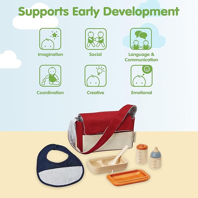 PlanToys® Baby Doll Feeding Set for Kids | Wooden Pretend Play Baby Care Accessories with Bag, Bottles, Bib, Spoon & Food Box | Montessori Toy for Toddlers | Eco-Friendly Doll Accessory Kit