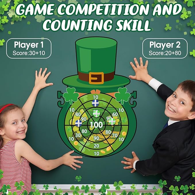 St Patricks Day Games Set Large 23.6 x 31.5in Dart Board Games with 6 Sticky Balls Irish Party for Adults St' Patricks Day Party Throwing Indoor Outdoor Yard Toss(Green Top Hat)