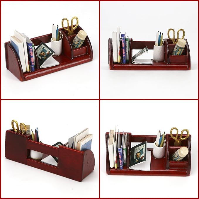 1/6 Dollhouse Stationery Miniature Office Accessories Set, WineRed Mini Desk Furniture Accessory for Doll House Supplies, 1:6 Scale