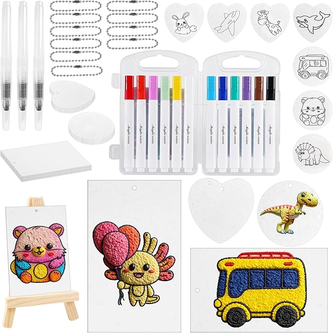 Magic Puffy Paint Kit for Kids, 56 Pcs Aqua Puffs 3D Art Foam Texture Painting Kit with 30 Magic Foam Texture Papers, 12 Drawing Markers, 3 Water Pens, 10 Bead Chains and A Easel for DIY Crafts