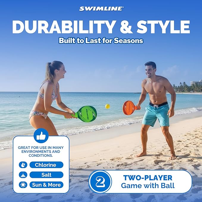 SWIMLINE Neoprene Pool & Beach Accessory for Active Group Play, Backyard Games, and Water Sports – 2-Player Waterproof Paddle Set with Soft Ball, Red & Green
