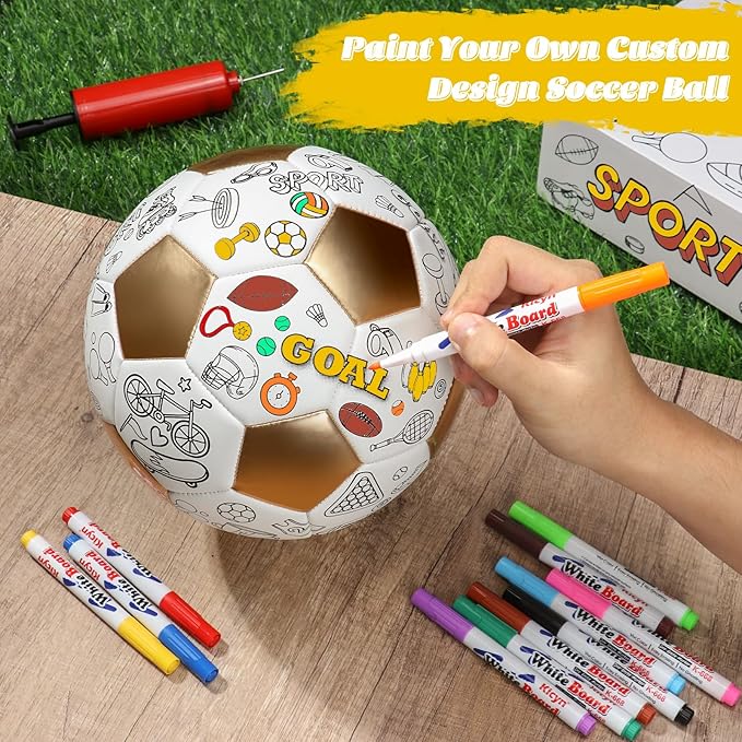 Size 4 Color Your Own Soccer Ball Gold DIY Custom Craft Kit with Pump 12 Markers Personalized Youth Toddler Training Paint Your Own Toy Creative Gift for Kids (Gold Soccer Ball, 4)