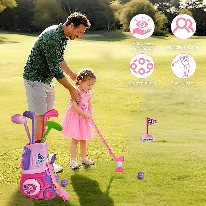 PJG Toddler Golf Set, Plastic Kids Golf Clubs Ages 1 2 3 4 5 Years Old with 4 Golf Clubs and 10 Balls, Indoor and Outdoor Golf Toys with Cart for Toddlers Boys and Girls Birthday Gift (Pink)