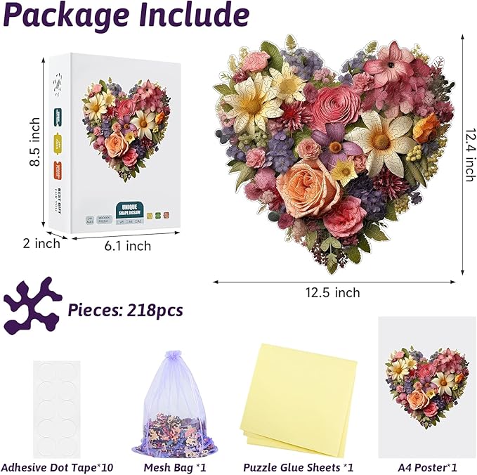 218PCS Wooden Jigsaw Puzzle for Adults – Heart Shaped Floral Puzzle,12.5 x 12.4’’ Unique Cut Valentine’s Day Wooden Puzzles, Romantic Flower Art Puzzles for Wedding (Rose Heart)