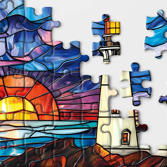 Stained Glass Beach Lighthouse Puzzle for Adults 1000 Piece, Ocean Sunset Jigsaw Puzzle, Nature Landscape Puzzle Scenery