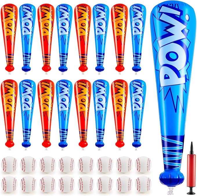 Seematn 16 Sets Inflatable Baseball Bats and Baseballs Set Includes 17 Inch Pow Inflatable Baseball Bats and 2.5 Inch Mini Foam Baseballs for Sports Party Favor Carnival Birthday (Red,Blue)