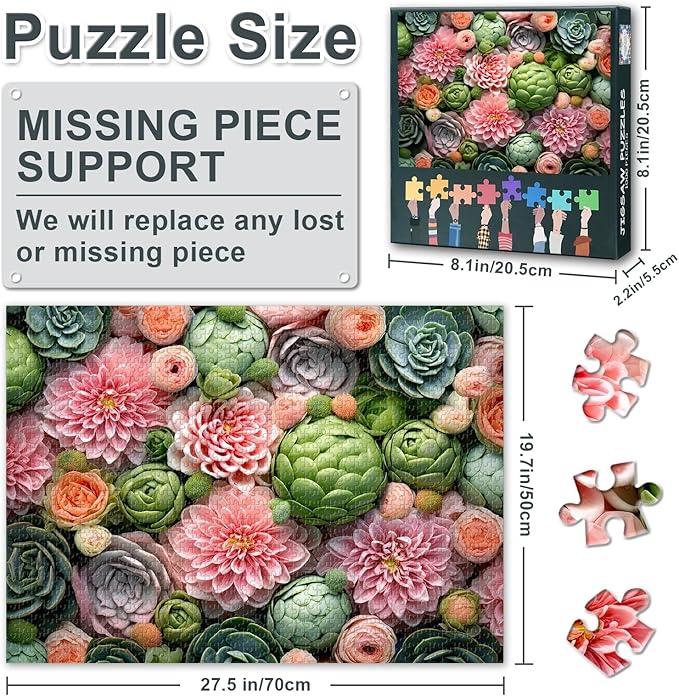Succulents Puzzles for Adults 1000 Pieces, Pink Flowers Jigsaw Puzzles, Floral Adult Puzzle for Adults, Educational Fun Games or Toys for Elders Friends 20X27 INCH