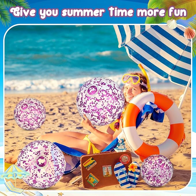 Lewtemi 12 Pcs Inflatable Glitter Beach Balls 16 Inch 24 Inch Shiny Giant Confetti Balls Swimming Pool Beach Blow up Balloon for Outdoor Summer Party Wedding Decor(Purple)