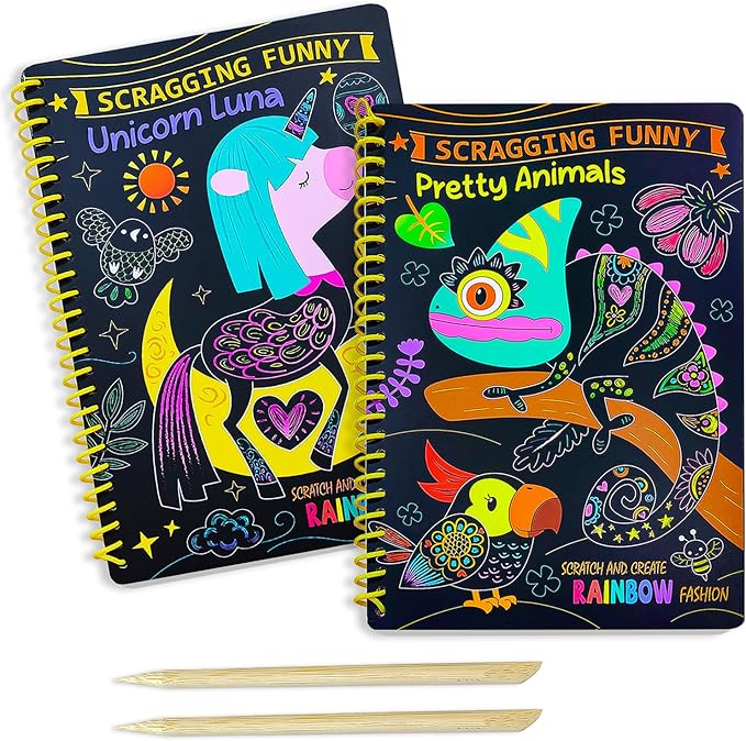 JUNQIU Easter Basket Stuffers, 2 Pack Animal & Unicorn Scratch Art for Kids, Rainbow Scratch Paper Art Notebook, Arts and Crafts for Boys Girls, Birthday Gifts Party Games