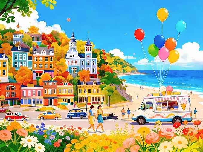 Seaside Town Puzzles for Adults 500 Pieces, Colorful Coastal Town Jigsaw Puzzle with Letters on Back, 21x15 Inch Beach Town Puzzle for Family Game Night, Unique Gift for Puzzle Lovers