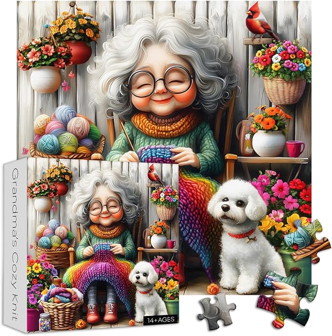Old Woman Puzzles for Adults 1000 Piece, Larkipuzz Challenging Grandma’s Cozy Knit Puzzle Dog Cardinal, Hard Impossible Floral Plant Art Theme as Wall Decor
