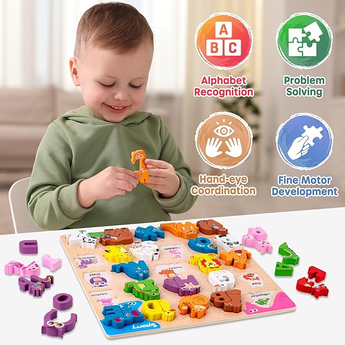 SYNARRY Wooden Alphabet Puzzle, 52 Pieces ABC Puzzles for Kids Ages 3-5, Alphabet ABC Letter Blocks Puzzles for Toddlers 2-4, Animals Letter Matching Preschool Learning Toys, Easter Gifts for Kids