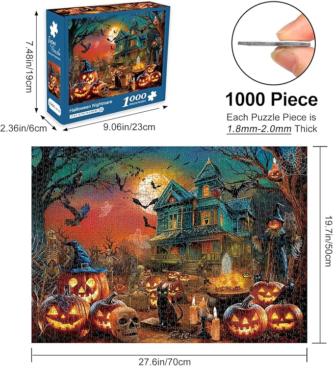 Rocorose Jigsaw Puzzle for Adults 1000 Pieces, Halloween Nightmare Puzzle Scary Ghost Jack - o - Lanterns Jigsaw Puzzles Haunted Mansion and Pumpkins