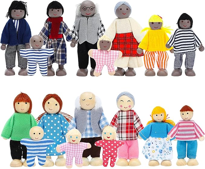 ONEST 17 Pieces Wooden Dollhouse Family Set Mini People Figures Sets Dollhouse Dolls Wooden Doll Family Pretend Play Figures Accessories for Pretend Dollhouse Toy