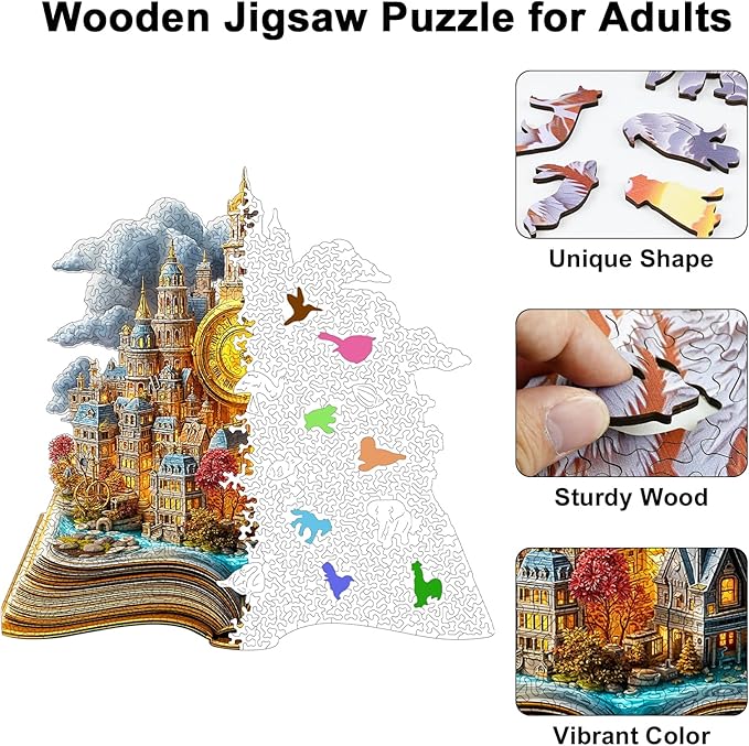 Wooden Puzzles for Adults, 210 Pieces Unique Animal Shaped 3D Book Castle Puzzle, Easter Gift for Mom, Mother's Day Wooden Jigsaw Puzzle with Storage Box