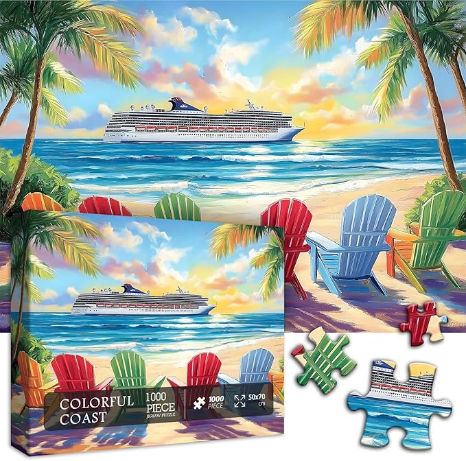 PICKFORU Beach Puzzles for Adults 1000 Piece, Rainbow Beach Lounge Chair Summer Puzzle, Colorful Ocean Jigsaw Puzzle Scenery as Coastal Wall Art