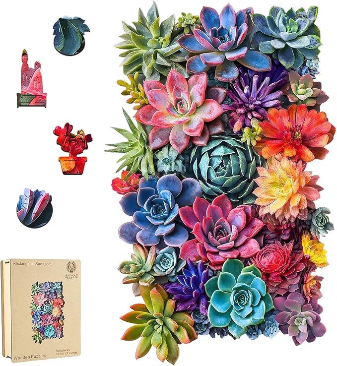 Delobil Rectangular Succulent Wooden Puzzles,500 Pieces Jigsaw Puzzles 18.5'' x11.7'', Unique Design Wooden Puzzles for Adults and Kids, Family Game Gift Royal Size