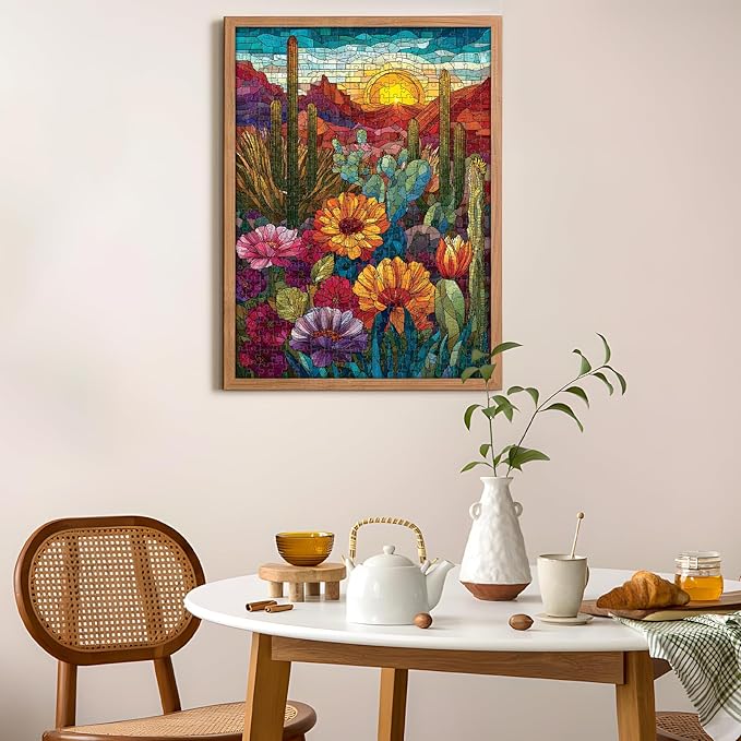 500 Piece Puzzles for Adults, Cactus Puzzles 500 Pieces, Stained Glass Puzzle Including Mosaic Art Cactus, Colorful Succulent Puzzles for Plant Lovers, Challenging Game Home Decor, 20.5 x 15 in