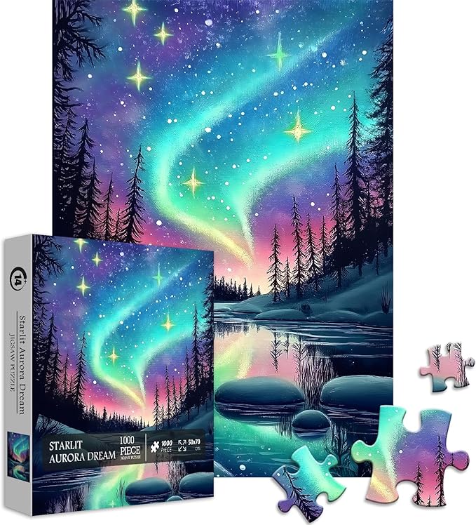 Magic Northern Lights Puzzles for Adults 1000 Pieces, Nature Fantasy Landscape Puzzle Tree Star, Starry Night Puzzles Galaxy, Challenging Scenery Jigsaw Puzzles Aurora Light
