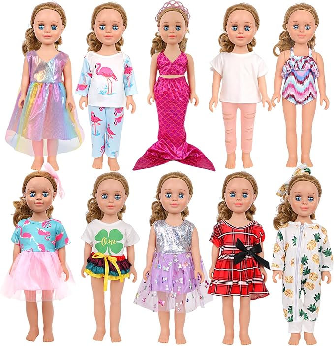 MSYO 10 Sets Doll Clothes for 17 - 18 Inch Dolls, 16 Pcs Fashion Outfits Variety Pack, Floral Dresses, Casual Wear & Pajamas, Girl Doll Dress - Up Set for Play & Gifting