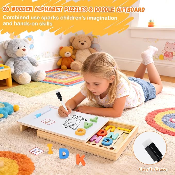 4-in-1 Magnetic Color and Number Maze Toys Box with Alphabet Puzzles Drawing Board, Wooden Storage Montessori Toy for 3-5 Year Old, Toddlers Educational Learning Toy Gifts for Kids Boys Girls