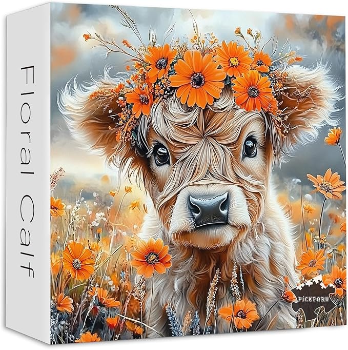 PICKFORUF Floral Calf 1000 Piece Puzzle for Adults,Orange Flower Cute Cow Jigsaw Puzzles 1000 Pieces,Nature Wildflower Grassland Animal Puzzle