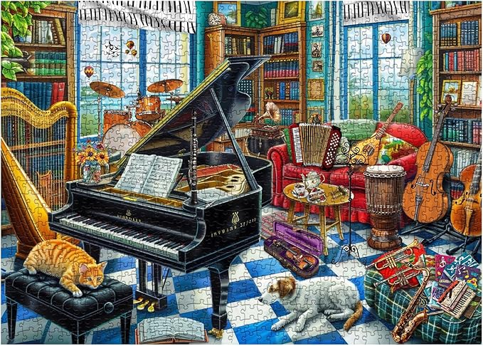 Music Room Puzzles for Adults 1000 Pieces, Pretty Musical Art Jigsaw Puzzles, Funny Cat Dog Puzzles