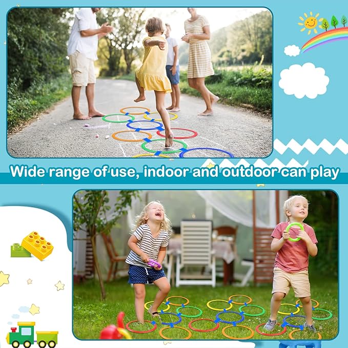Woanger Hopscotch Outdoor Squares Hopscotch Ring Game with Connectors Outdoor Indoor Obstacle Course for Kids Playground Agility Training