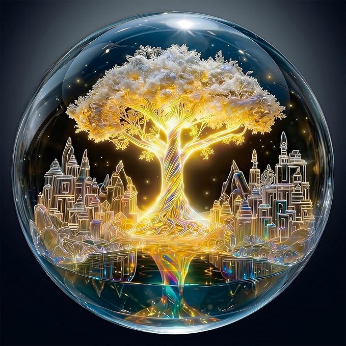 Round Jigsaw Puzzle 1000 Pieces - Tree of Life in Crystal Ball - 26.6" Fantasy Galaxy Design, Neon-Style Aesthetic Art, Mindful Activity Gift for Adults & Teens