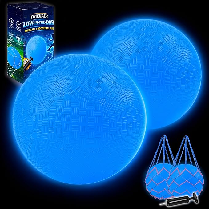 2 Pack Glow in The Dark Kickball, 8.5 Inch Light Up Playground Ball with 2 Mesh Bags & Hand Pump, No Battery Needed, Charge by Sunlight or Indoor Light,Gift Box