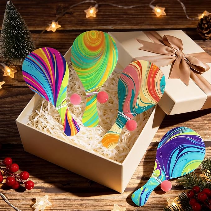 Psychedelic Paddle Ball Set of 16 – Vintage Wooden Paddle Ball with String | Retro 90s Party Favors, Carnival Prizes & Fun Desk Game for Adults – Indoor Outdoor Game