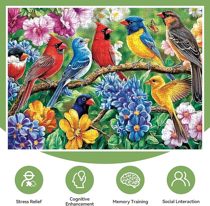 300 Piece Puzzles for Adults – Spring Colorful Birds & Blooming Flowers Jigsaw, Relaxing 300 Piece Puzzles for Adults Large Piece, for Puzzle Fans, Kids & Seniors (20.5" x 15")