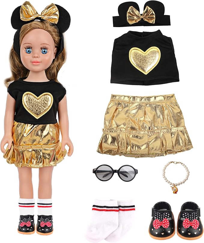 MSYO 18 Inch Doll Clothes and Accessories Set,Black Gold Heart Top & Metallic Gold Skirt Outfit with Mouse Ears Headband,Sunglasses,Socks,Shoes,Bracelet,Fits 16-18 Inch Baby Dolls(Gold)