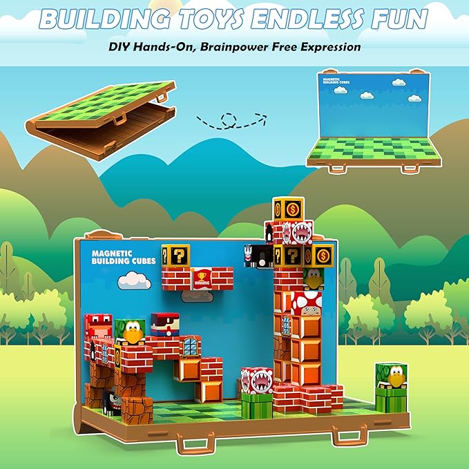 GaHoo Magnetic Blocks, Build 3D Magnet Building Toys World with Magnetic Tiles, Foldable Magnet Board, STEM Sensory Toy for Kids, Toy Building Sets Gifts for Age 3 4 5 6-10 Year Old Boys Girls