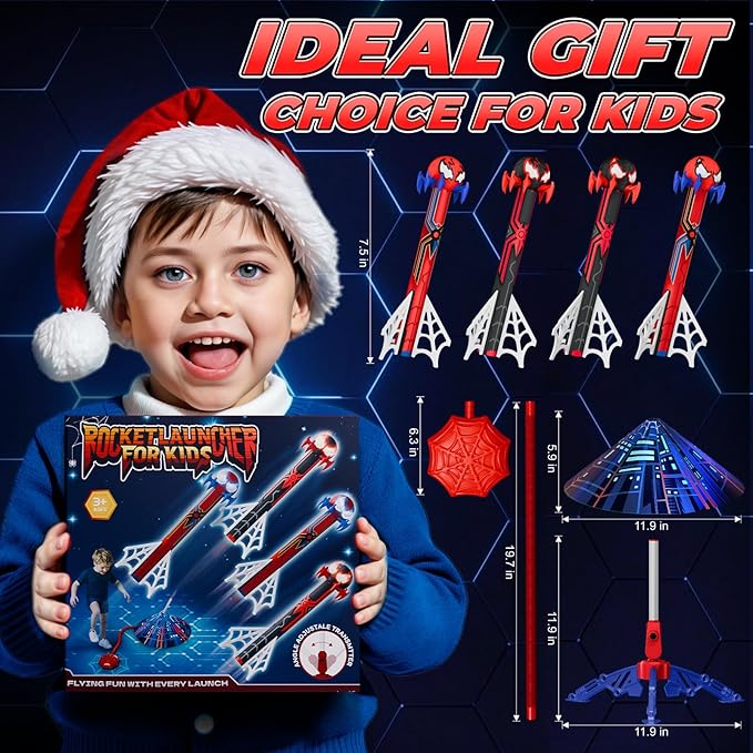 Spider Rocket Launcher for Kids, 4 Rockets with Web Air Pump, Stomping Launch Toys, Outdoor Spider Toys Gifts for 3-10 Year Old Boys & Girls