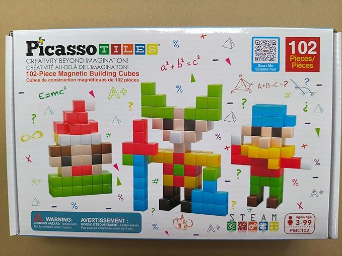 PicassoTiles 102pcs Pixel Magnetic Puzzle Cube 1” Pixel Mix & Match Toys with Ideabook STEM Education Learning Building Block Magnets Construction ToySet Stacking Creative Kit for Kids Age 3+ PMC102