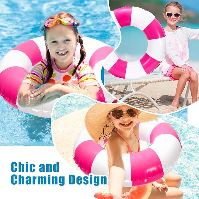 Whaline 4Pcs Inflatable Swimming Float Toy Striped Swim Ring Fun Print Pool Lounger Tube for Summer Swimming Beach Party