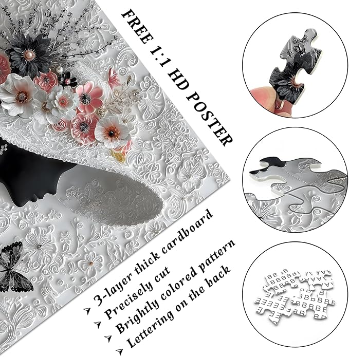 Impossible Puzzles for Adults 1000 Pieces,PICKFORU Floral Muse Puzzle Elegant Lady,Beauty Flower Woman Puzzle Black and White Pearl,Hard Challenge Jigsaw Puzzles Aesthetic