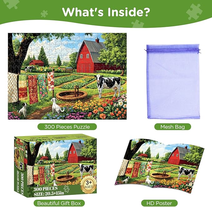 300 Piece Puzzles for Adults,Farm Puzzle 300 Pieces,Summer Cow Jigsaw Puzzles 300 Piece for Adults Children Seniors,Challenging Puzzles Family Activity Game Nights Gift Toy