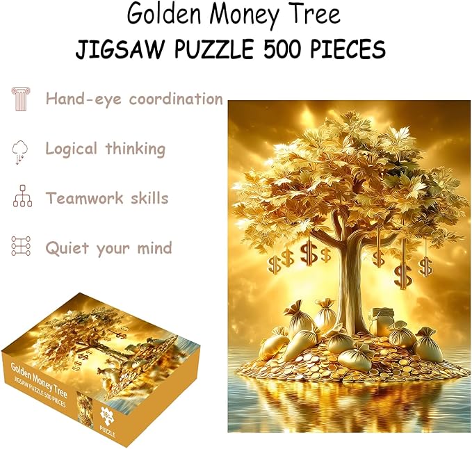 Puzzles for Adults 500 Pieces, Fortune Tree Jigsaw Puzzles - Golden Money Tree, Impossible Money Puzzle for Seniors Families,20.47x14.96 inches, 1:1 Poster, Letter on The Back