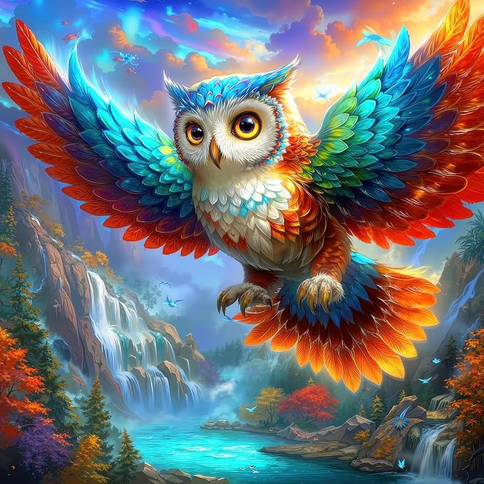 Rainbow Owl Waterfall 1000 Piece Puzzle for Adults - Fantasy Wildlife Art, Enchanted Forest Scene, Poster & Lettered Back, 22.8" Square HD, Gift for Nature & Fantasy Lovers
