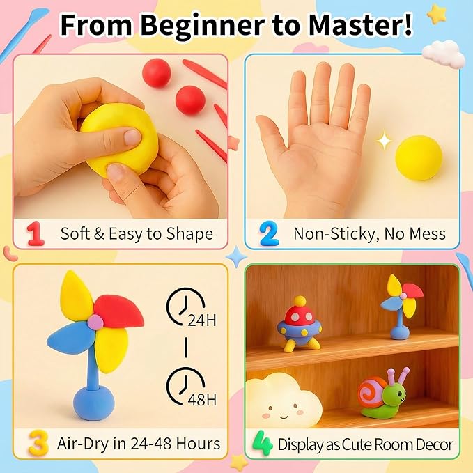 NewFamily Air Dry Clay Kit, 15 Colors, 12 Step-by-Step Projects, Project Cards & Instruction Guide, Soft Non-Sticky Clay with Tools, Non-Toxic DIY Craft Set for Home, School, Parties & Gifts