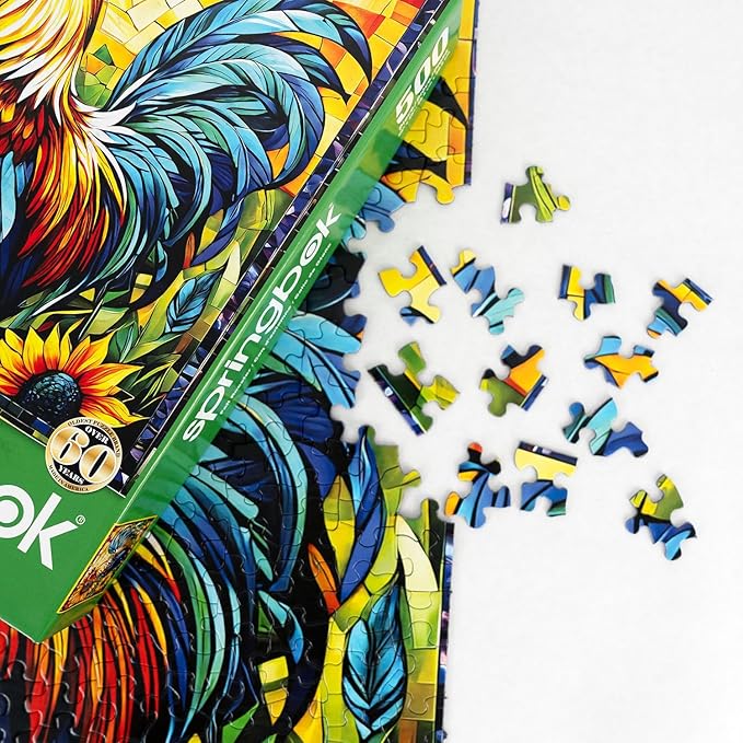 Springbok's Fall Rooster 500 Piece Puzzle for Adults is a Vivid Mosaic of a Colorful Rooster - Ideal for Sharing with Friends